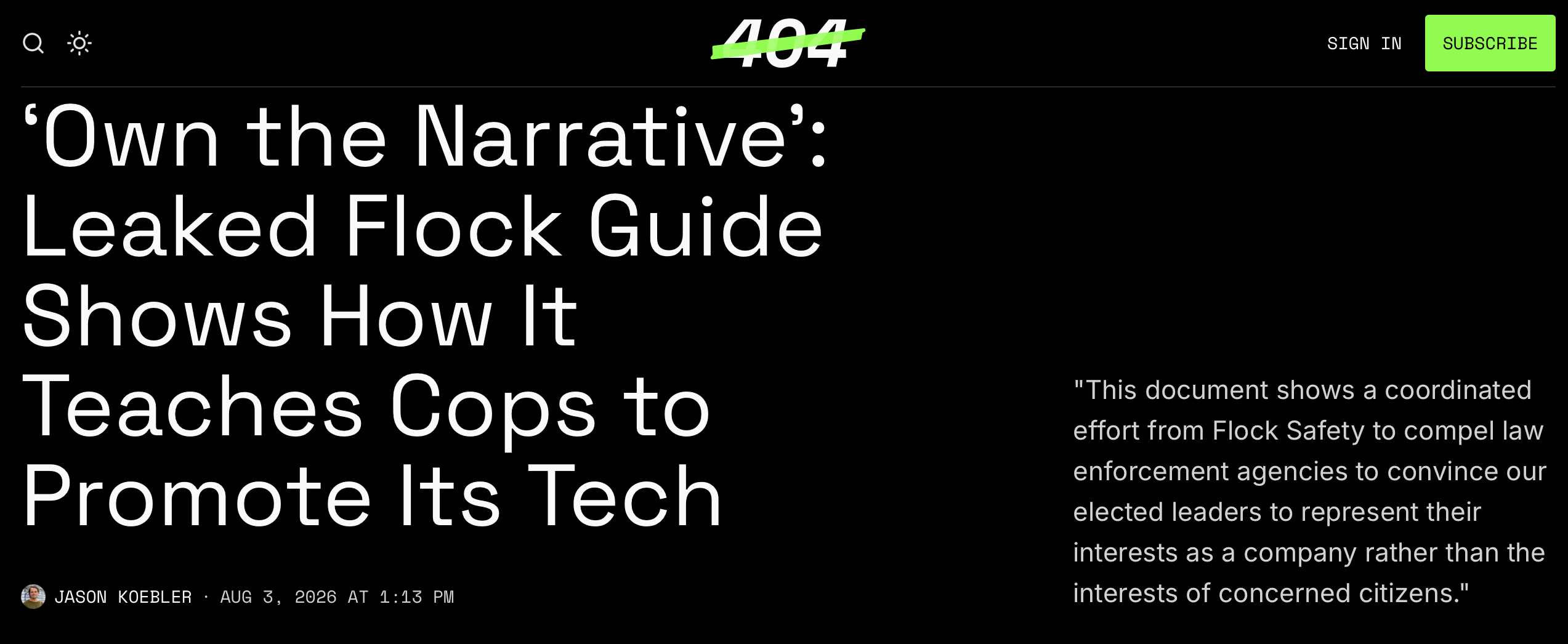 404 Media headline: “Own the Narrative”: Leaked Flock Guide Shows How It Teaches Cops to Promote Its Tech.